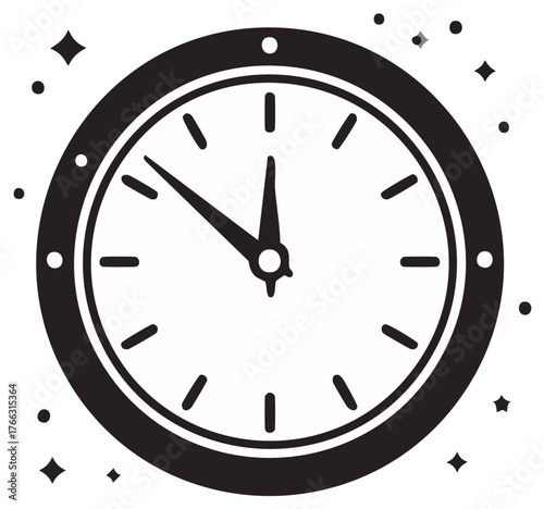 Black and White Illustration of a Clock Showing Almost Midnight or Noon