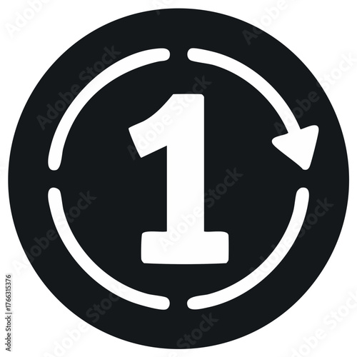 Monochrome Illustration of Number One with Arrow Circle for Time or Cycle