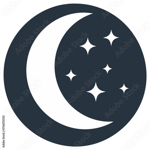 White crescent moon and sparkling stars on dark night sky in a circular icon