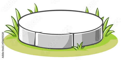 Stone podium amid green grass and tall blades for product display in a minimalist cartoon graphic style
