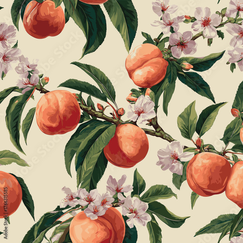 Seamless vector pattern of Peach Fruit Pattern with Leaves and Flowers on Cream Background