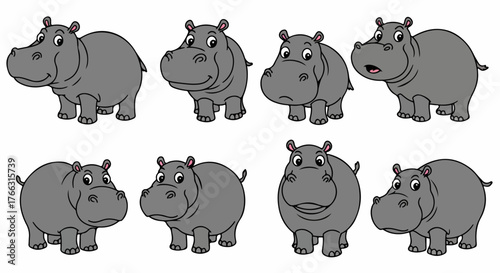 Happy hippos in various poses with transparent background