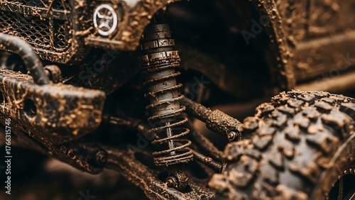 Close up of a mud covered toy vehicle suspension system with focus