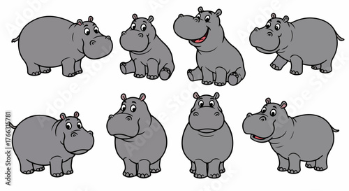 Happy hippos in various poses with transparent background