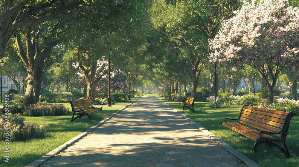 Fototapeta premium A serene urban park in the morning with empty benches neatly trimmed grass and flowering trees a calm pathway leading through the park with realistic lighting and peaceful neutral atmosphere