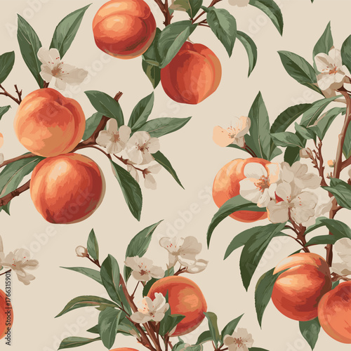 Seamless vector pattern of Peach Fruit Pattern with Leaves and Flowers on Cream Background