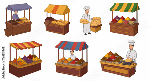 Market vendors selling spices and food