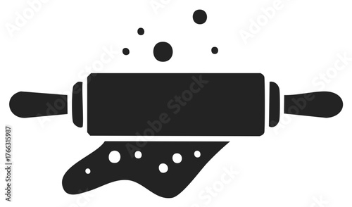 Simple black icon of a rolling pin flattening dough with flour dust for baking