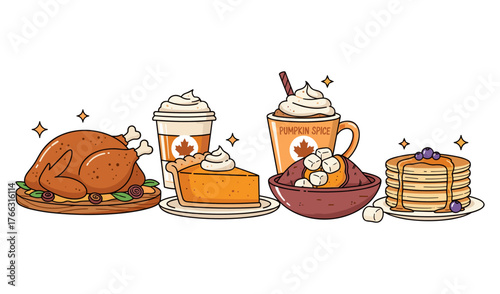 Thanksgiving Feast Illustration Turkey Pumpkin Pie Pancakes Drinks Fall Season Food Graphic