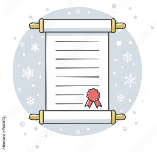 Christmas wishlist scroll with a red seal on a snowy winter background illustration