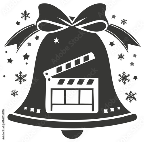 Christmas Movie Festive Bell Icon with Clapperboard, Winter Holiday Film Industry Greeting and Starry Celebration Decor
