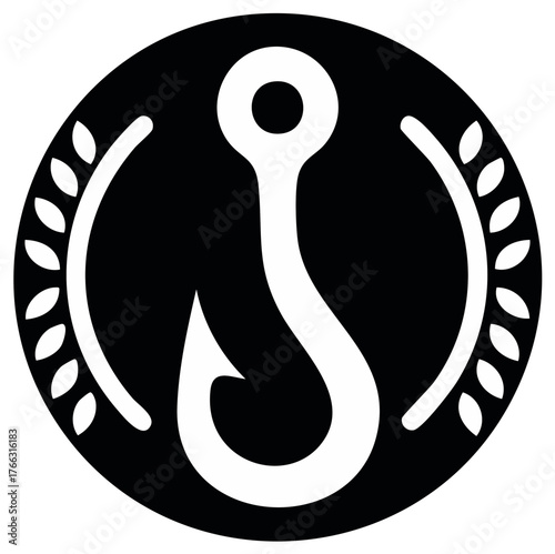 Fishing hook emblem on dark circle, with laurel branch accents for fishing sports.