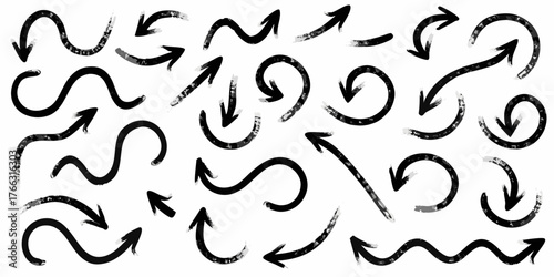 Collection of diverse black hand drawn grunge arrows pointing in various directions on a white background