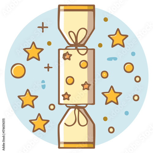 Cartoon Christmas cracker with stars and confetti on a light blue background