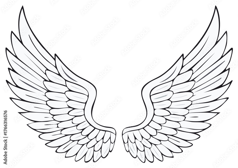 Obraz premium Stylized Angel Wings Spread: White Feathers, Spiritual Vector Design for Art or Tattoo Concepts