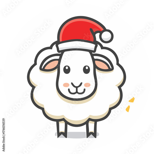 Cute cartoon sheep wearing Santa Claus hat, Christmas illustration