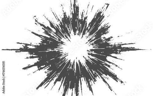 Black ink splatter explosion burst abstract background chaos.Bursting radial lines grey white abstract background chaos