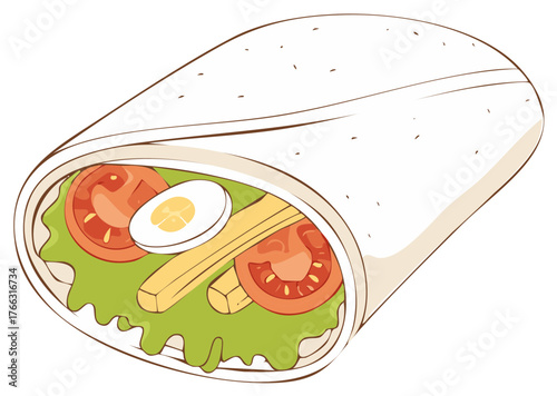 Vector illustration of a fresh food wrap with egg tomato lettuce and fries