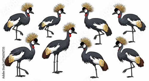 Grey crowned cranes in various poses with transparent background