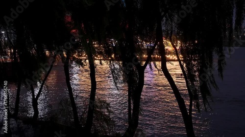 Willow tree silhouettes framing the sparkling Han River with city lights reflecting on the water at night