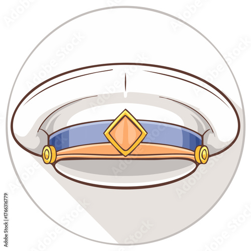 Detailed cartoon illustration of a white captain or pilot hat with blue and golden band a professional uniform accessory
