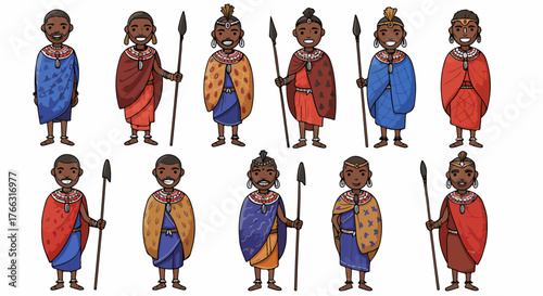 Maasai warriors with spears in traditional clothing