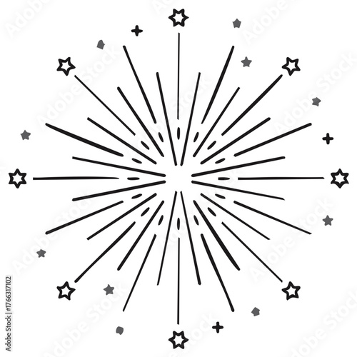 Black and white illustration of a burst of stars and lines emanating outward.
