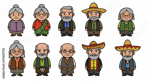 Diverse elderly people in traditional clothing