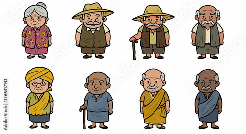 Diverse elderly people characters in traditional clothing