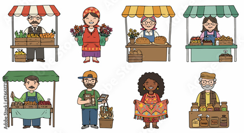 Farmers market stalls with various vendors and produce