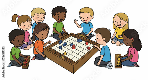 Children playing board game together in a group