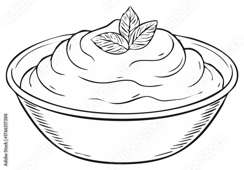 Creamy dip or sauce in a bowl with a leaf garnish black and white line art