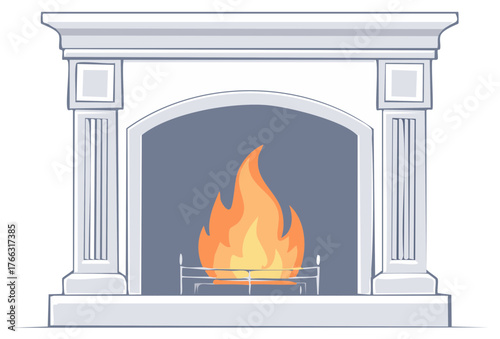 Classic white stone fireplace with a burning fire vector illustration