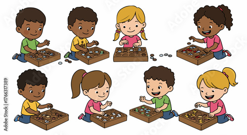 Children playing a board game with colorful counters