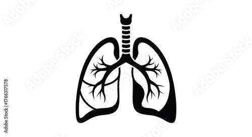 Anatomical illustration of human lungs and trachea depicted in a stark black and white silhouette style