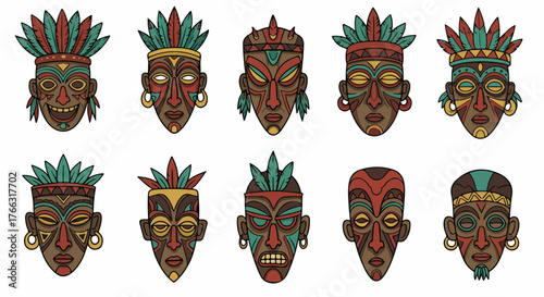 Tribal masks collection with transparent background