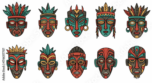 Tribal masks collection with transparent background