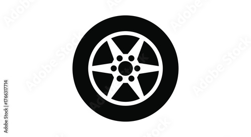 A stark black silhouette of a car wheel with a distinctive six spoke alloy rim on a white background silhouette