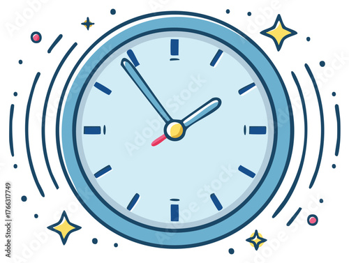Illustrated blue clock face with bright stars and radiating lines symbolizing time passing or ticking