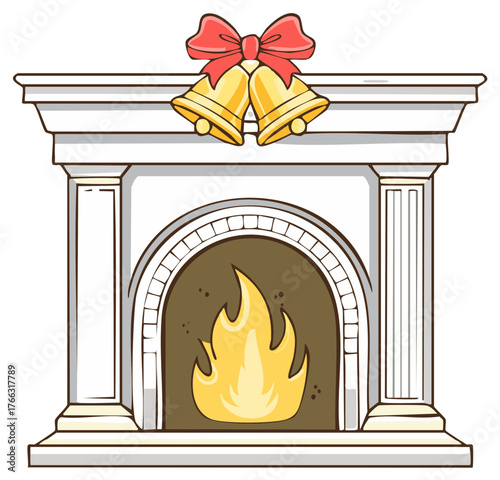 Cozy Christmas fireplace illustration with a warm fire and festive golden bells with a red bow