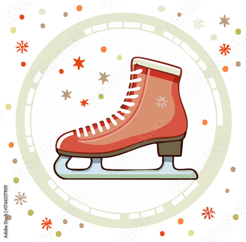 Red ice skate vector illustration winter sports festive holiday design with snowflakes and stars