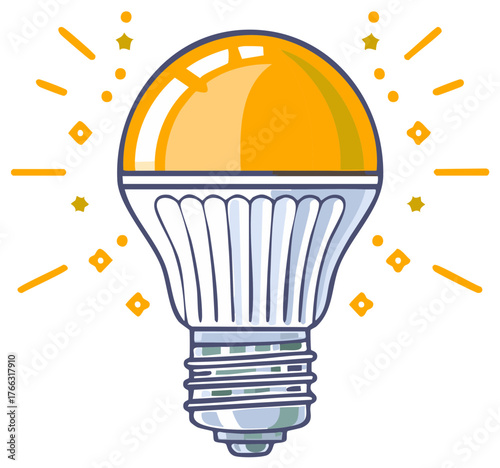 Cartoon yellow LED bulb emits light with a vector illustration in modern style