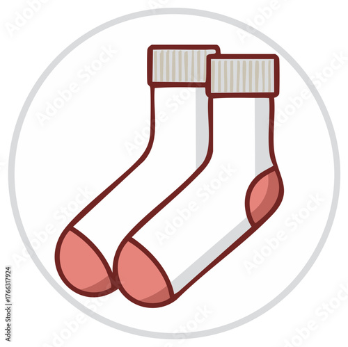 Pair of white socks with maroon accents within a circle, flat design
