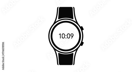 Minimalist black and white silhouette of a modern digital smartwatch displaying the time 10 09