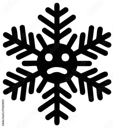 Sad black snowflake icon with a frowning face expressing cold weather unhappiness and winter blues