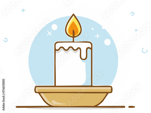 Illustration of a lit candle in holder with flame, for celebration or holiday.