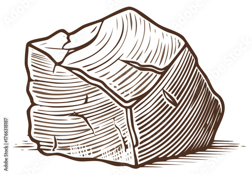 Engraved style illustration of a rough hewn stone block, geological sample or raw crystal with visible fracture lines and markings.
