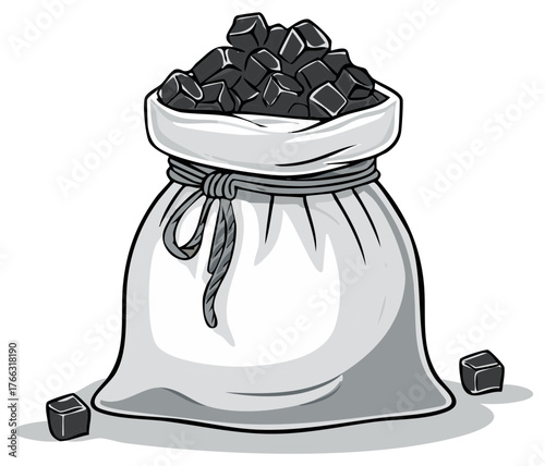 Bag full of coal cubes tied with a rope drawing illustration