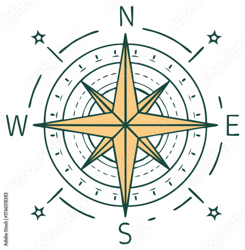 Compass rose illustration with cardinal directions, stars and circular design elements in light orange and dark teal
