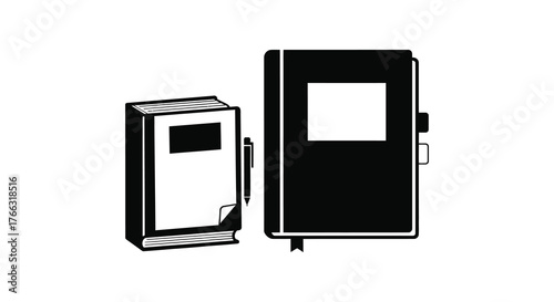 Two closed books of different sizes standing upright next to each other in a simple black and white silhouette style
